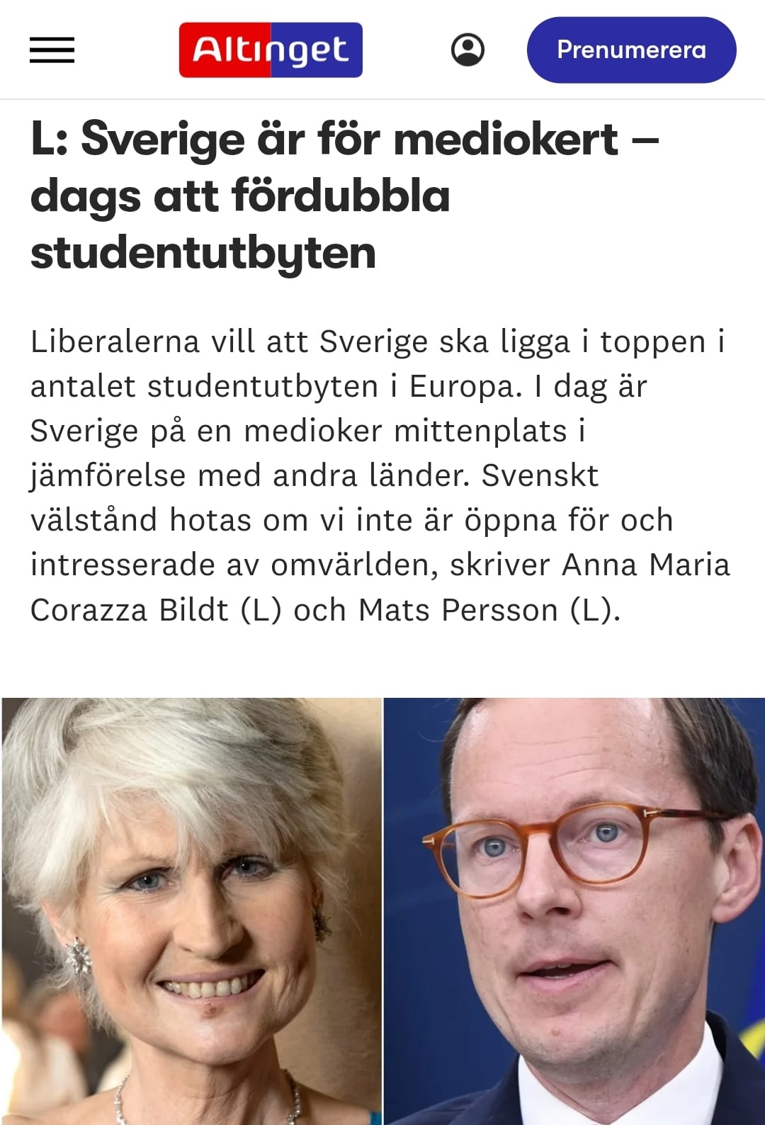 Anna Maria Corazza Bildt och Utbildningsminister Mats Persson om studentutbyten erasmus forskning europavalet