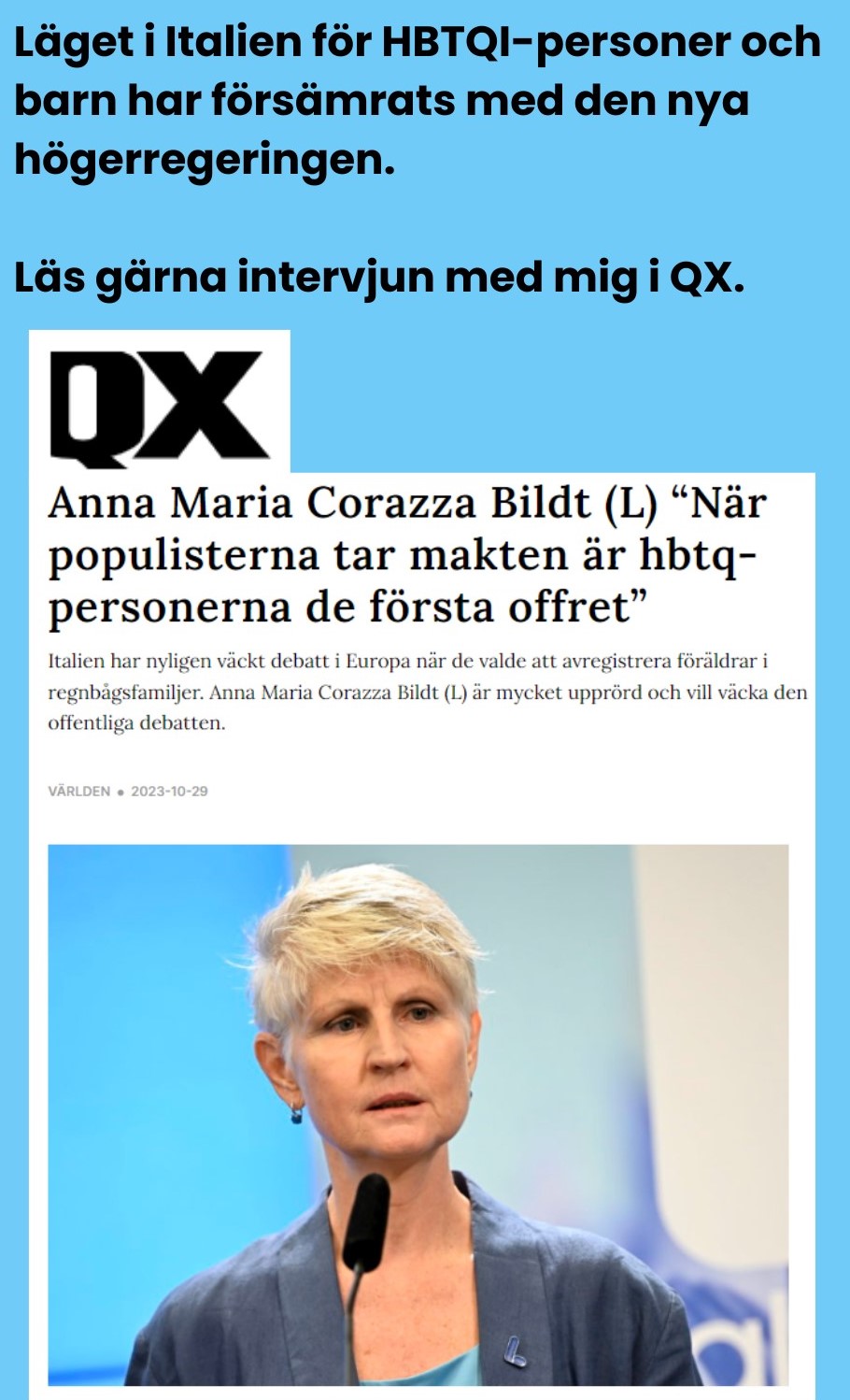 Anna Maria Corazza Bildt QX hbtq Liberalerna Europa Europaparlamentet Europavalet 9 juni 2024 QX HBTQ