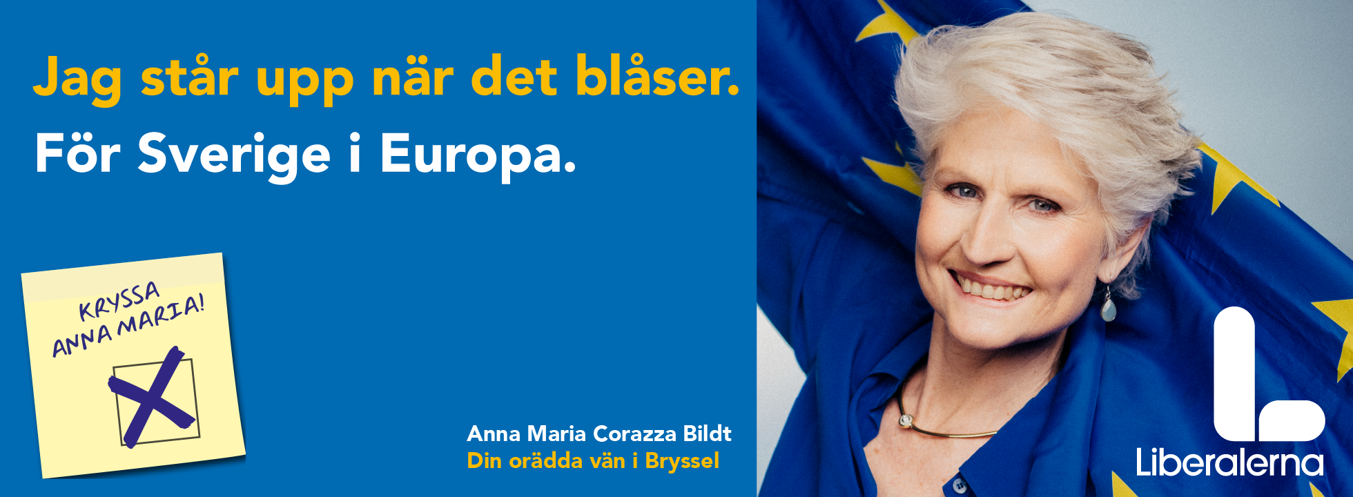 Anna Maria Corazza Bildt är kandidat toppkandidat Liberalerna i EU valet 2024 Europavalet lyfter europaflaggan euro för fred frihet och företagande. Sverigeturné Stockholm Göteborg Malmö Uppsala Helsingborg Umeå